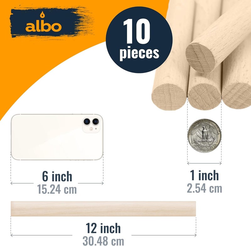 ALBO 1" x 12" Wooden Dowel Rods Set - 10 Pack Birch Natural Sturdy Hardwood Craft Sticks Woodworking Furniture Shelving Smooth Finish Versatile Size DIY Projects Bulk Professional Pack - Image 2